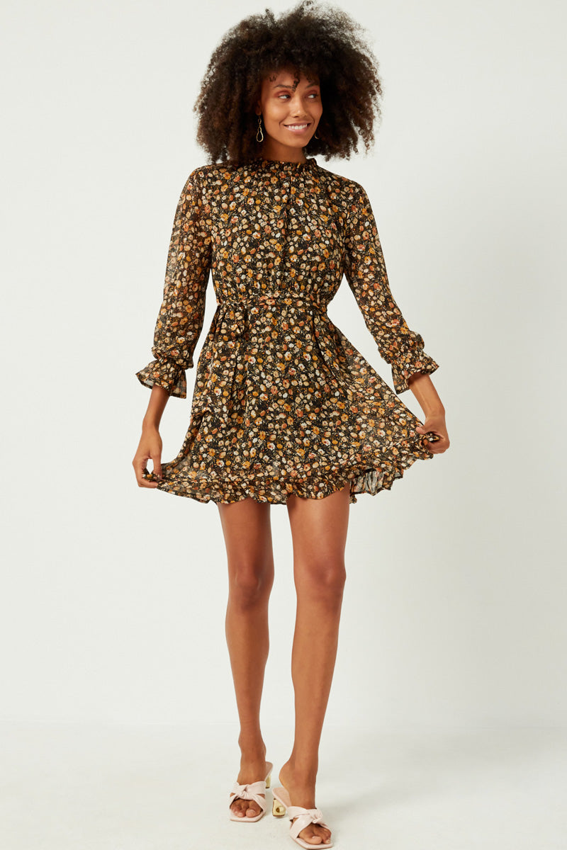 Womens Floral Print Ruffle Neck Dress with Belt