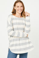 HY5192 GREY Womens Brushed Long Sleeve Stripe Shirt Tail Hem Top Front