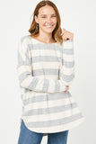 HY5192 GREY Womens Brushed Long Sleeve Stripe Shirt Tail Hem Top Front