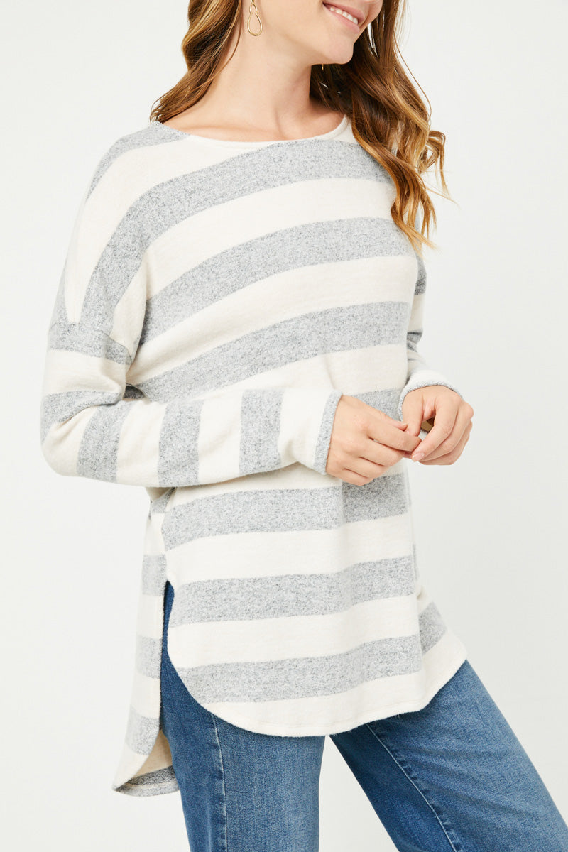 Womens Long Sleeve Stripe Shirt Tail Hem Top