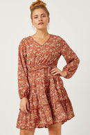 HY5220 CORAL Womens Smocked Waist Ruffled Tiered V Neck Dress Front