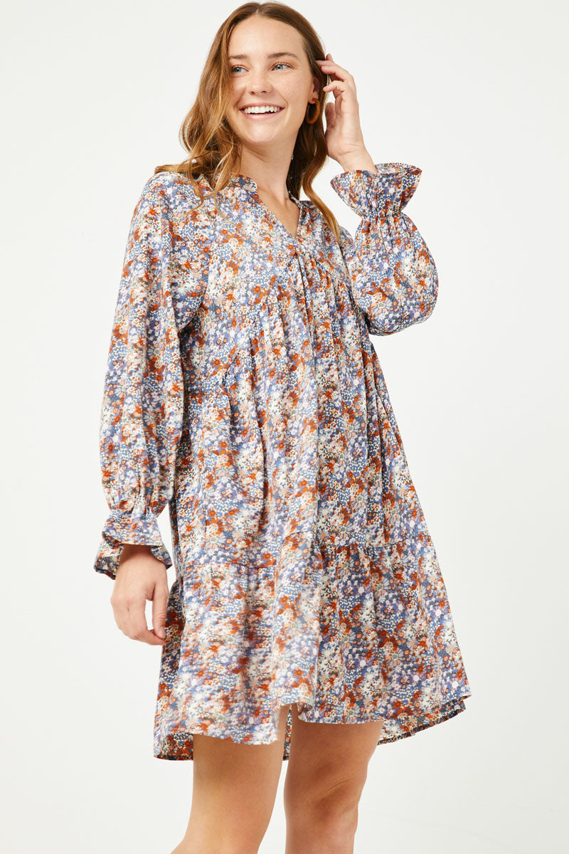Womens V Neck Long Sleeve Cinched Floral Dress