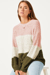 HY5239 OLIVE Womens Color Block Popcorn Pullover Roundneck Sweater Front