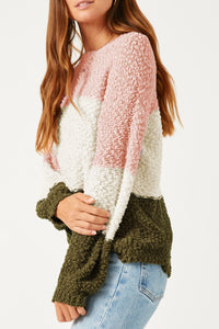 HY5239 OLIVE Womens Color Block Popcorn Pullover Roundneck Sweater Side