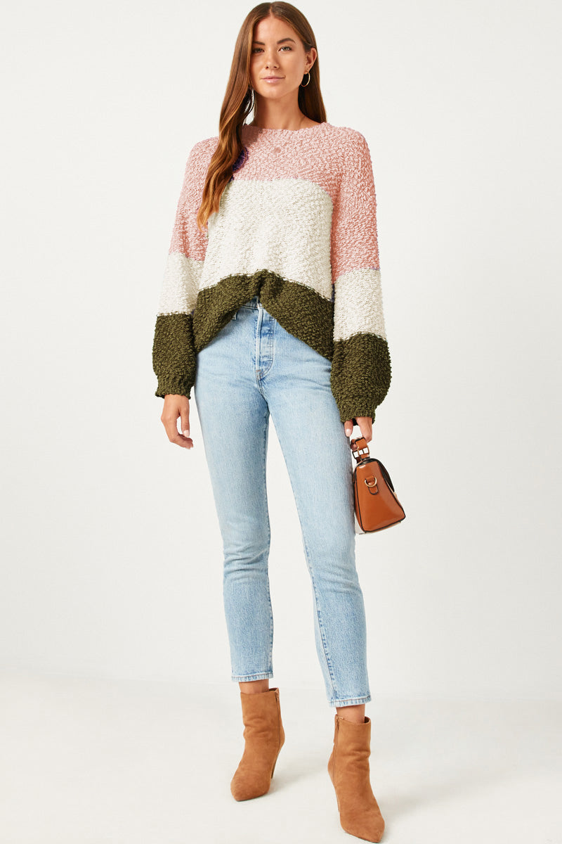 HY5239 OLIVE Womens Color Block Popcorn Pullover Roundneck Sweater Full Body