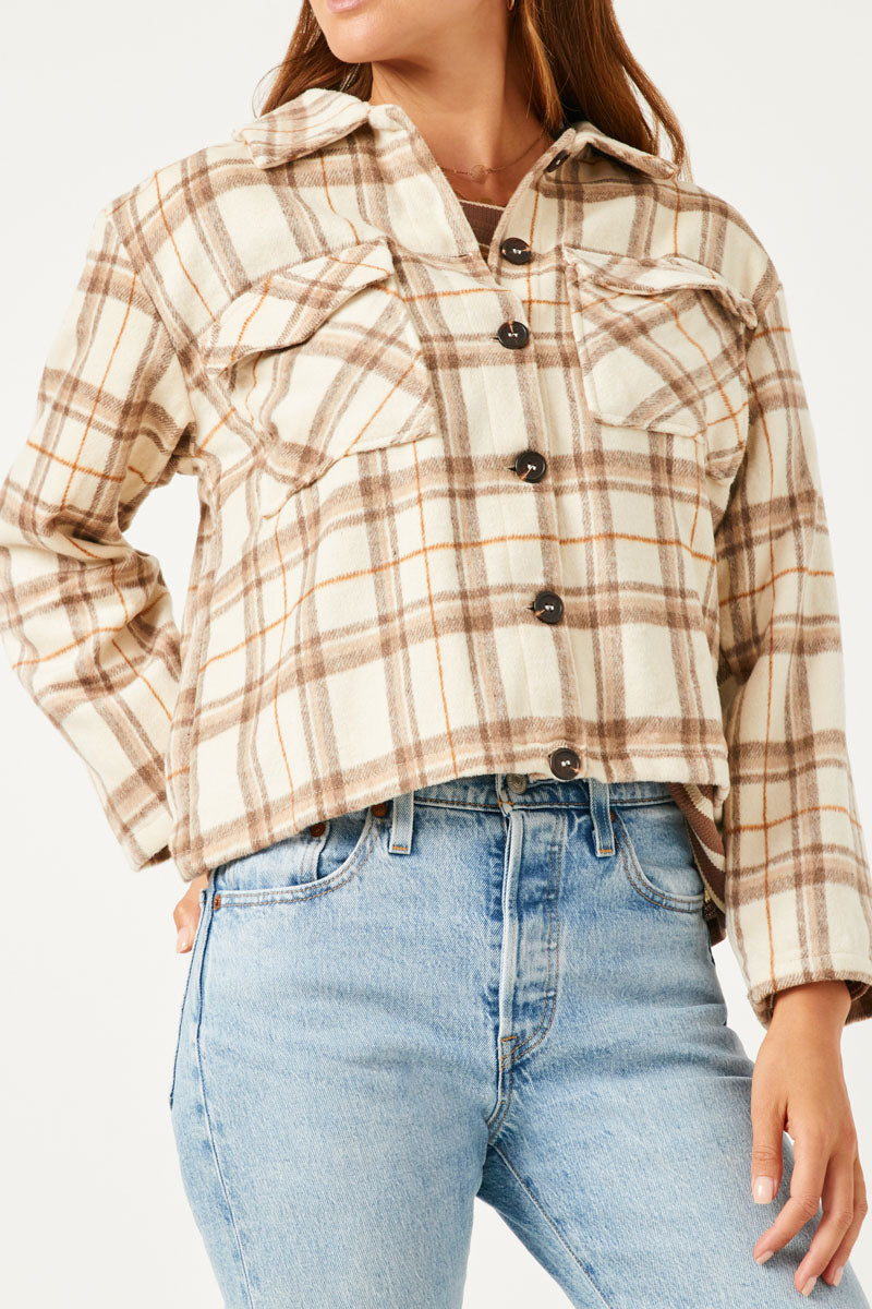 Womens Plaid Wide Sleeve Patch Shacket