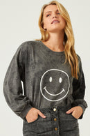 HY5388 BLACK Womens Smiley Print Garment Washed Long Sleeve Top Front