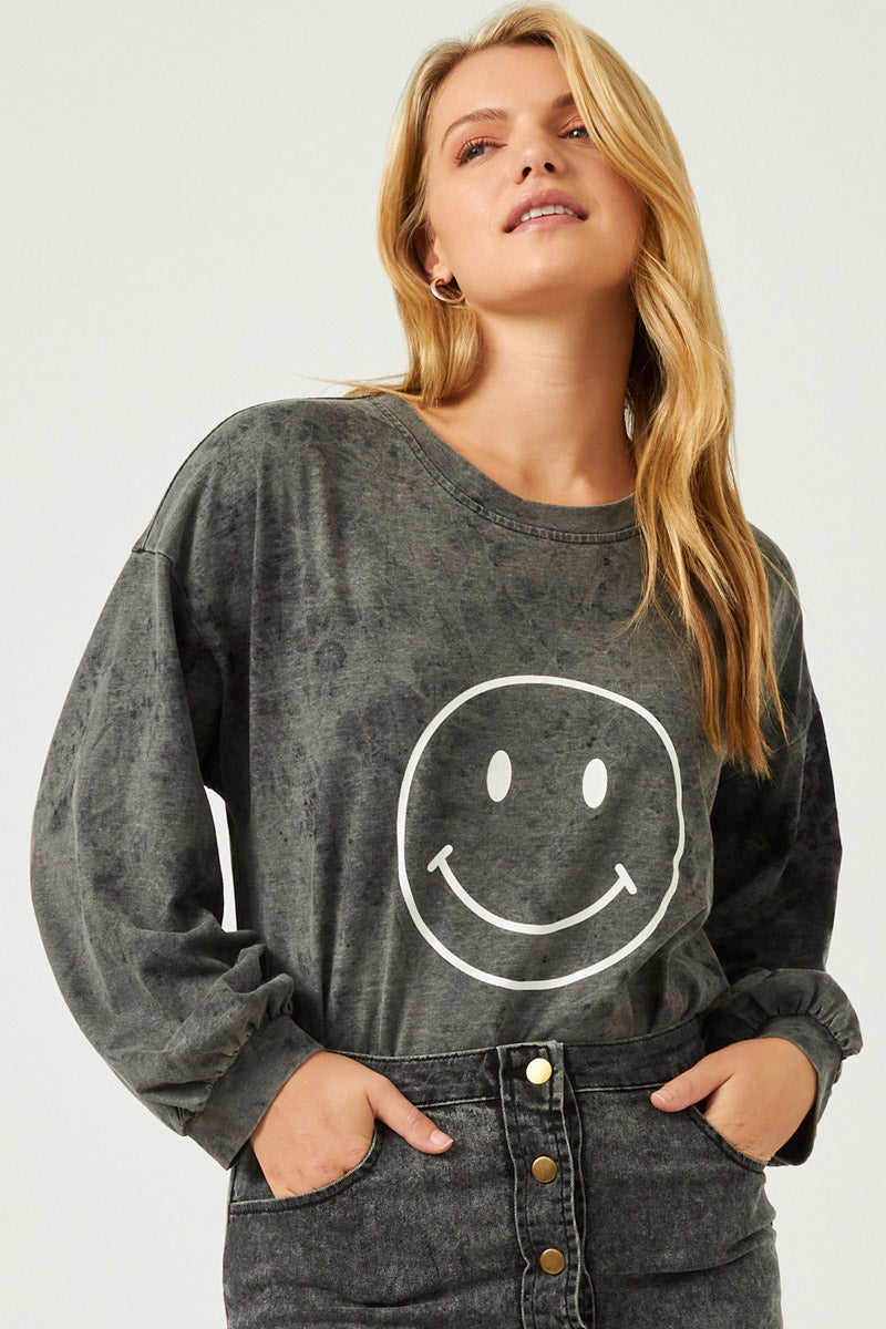 Womens Smiley Print Washed Long Sleeve Top