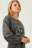 HY5388 BLACK Womens Smiley Print Garment Washed Long Sleeve Top Side