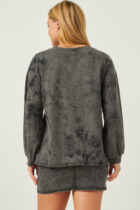 HY5388 BLACK Womens Smiley Print Garment Washed Long Sleeve Top Back