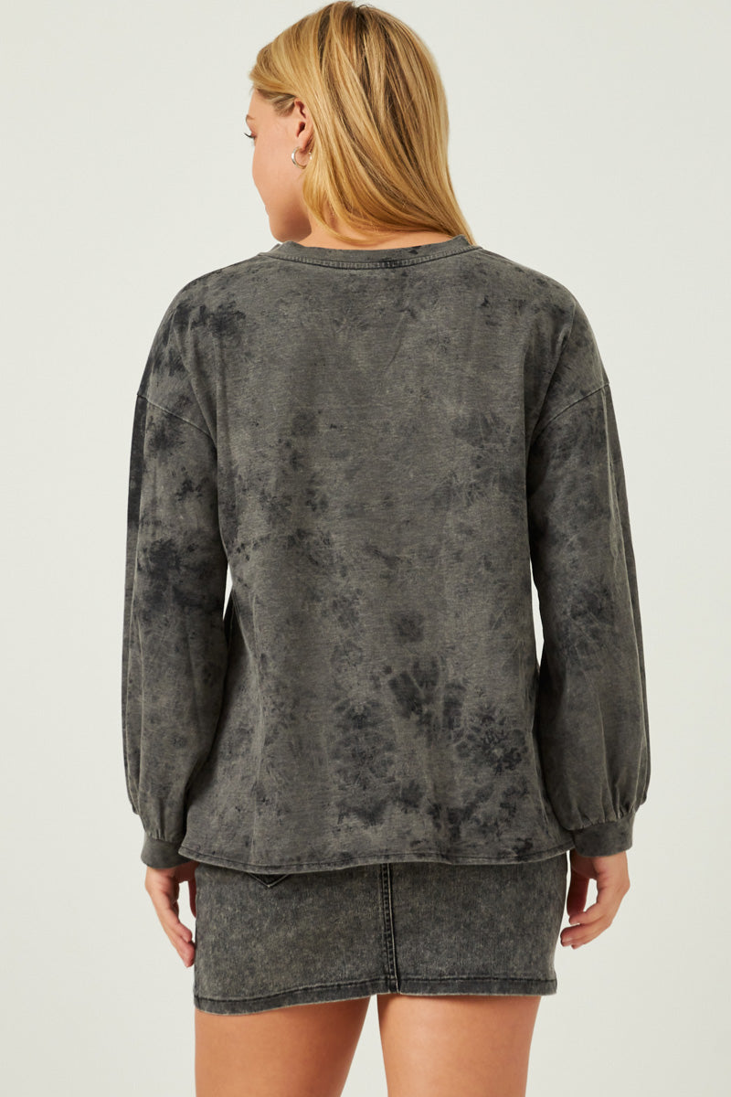 HY5388 BLACK Womens Smiley Print Garment Washed Long Sleeve Top Back