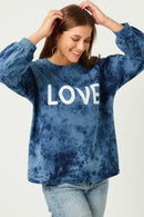 HY5389 BLUE Womens Love Print Garment Washed Long Sleeve Top Front