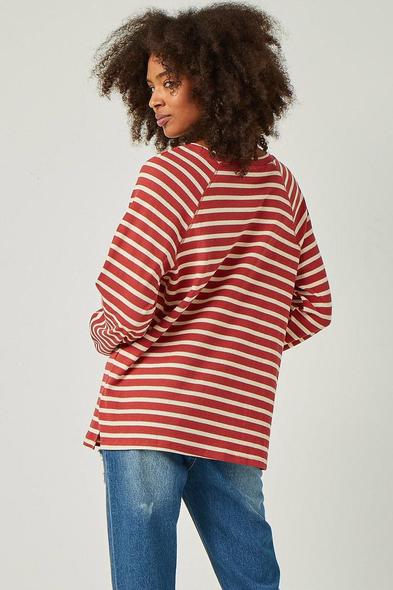 HY5457 RUST Womens Waffle Stripe Raglan Long Sleeve Knit Top Back