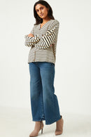 HY5501 OATMEAL Womens Contrast Stripe Sleeve Buttoned Cardigan Full Body