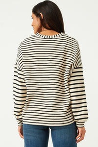HY5501 OATMEAL Womens Contrast Stripe Sleeve Buttoned Cardigan Back