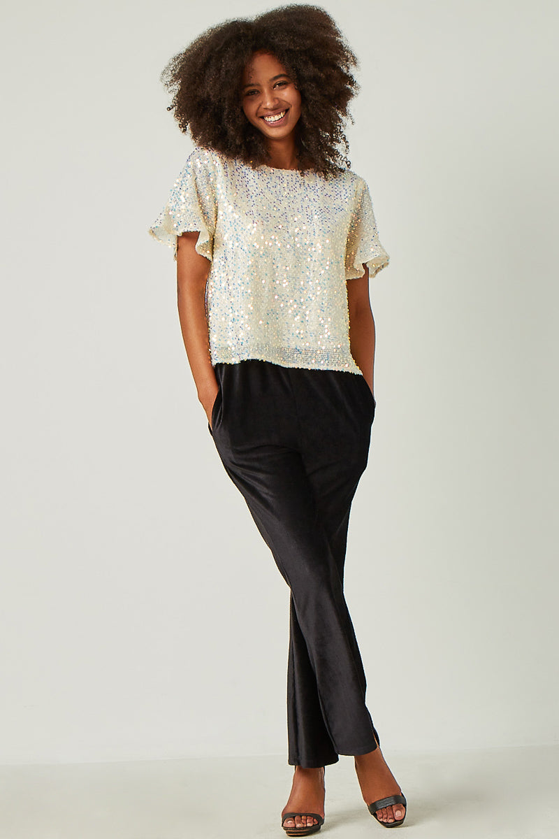Womens Ruffle Sleeve Scoop Neck Sequin Top