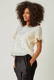 HY5508 OFF_WHITE Womens Ruffle Sleeve Scoop Neck Sequin Top Detail