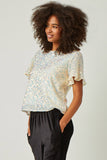 HY5508 OFF_WHITE Womens Ruffle Sleeve Scoop Neck Sequin Top Detail