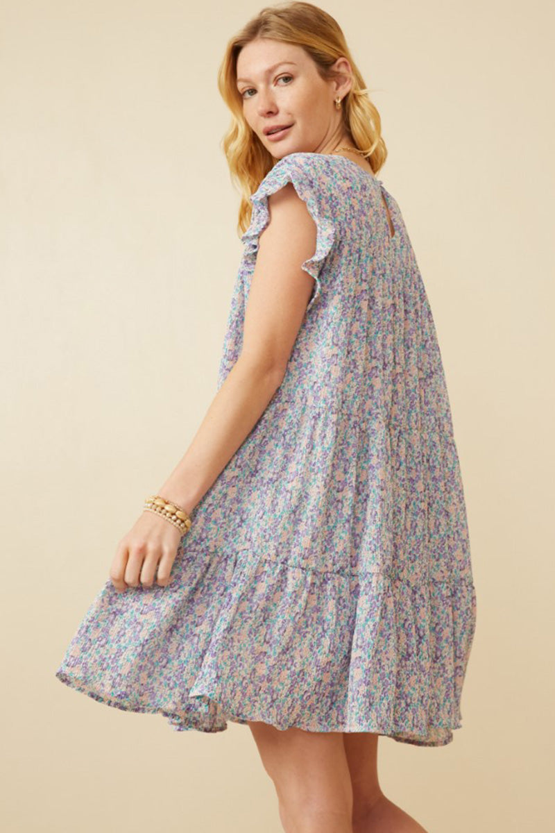 HY5528 Lavender Womens Crinkle Pleated Floral Ruffle Shoulder Dress Side