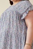 HY5528W Lavender Plus Crinkle Pleated Floral Ruffle Shoulder Dress Detail