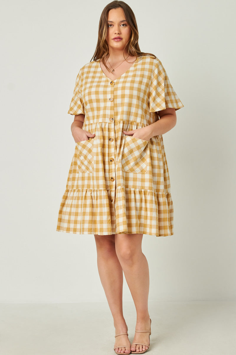 HY5588 Mustard Womens Plaid Patch Pocket Button Down Dress Detail