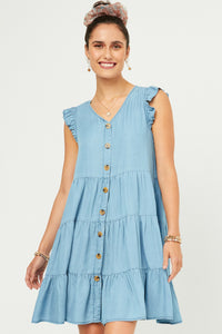 HY5607 Light Denim Womens Ruffle Button Down Tiered Dress Full Body
