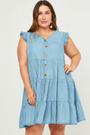HY5607W Light Denim Plus Ruffle Button Down Tiered Dress Front