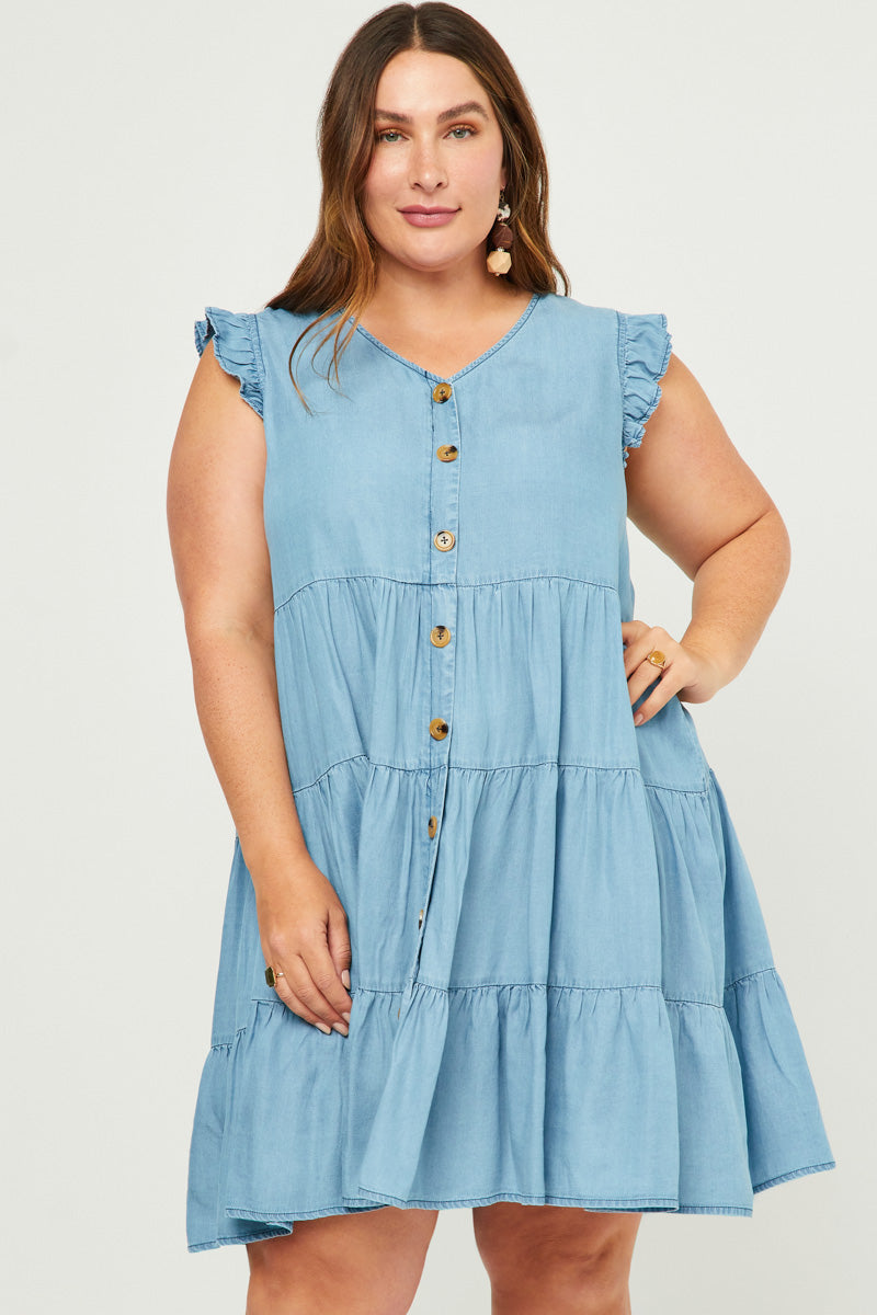 HY5607W Light Denim Plus Ruffle Button Down Tiered Dress Front