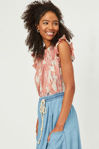 HY5636 PINK Womens Watercolor Smocked Yoke Ruffled Tank Side