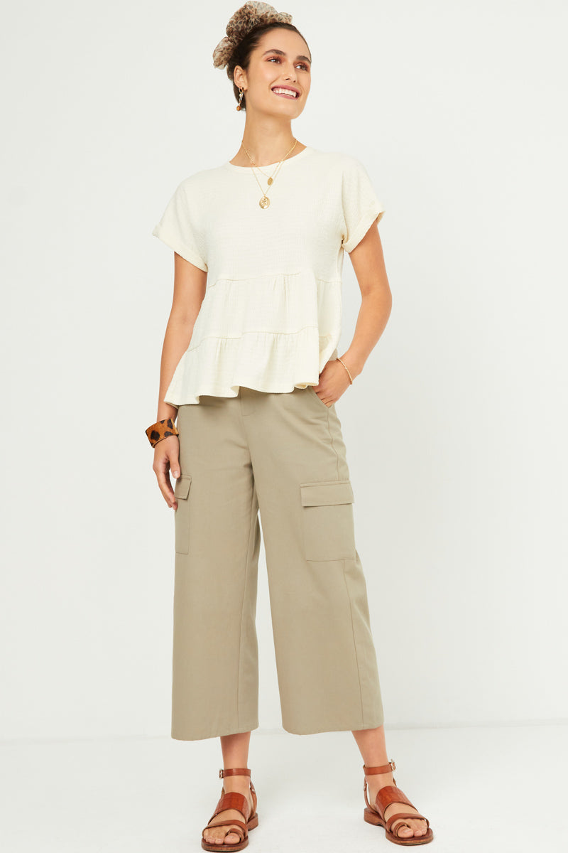 Womens Textured Tiered Peplum Knit Top