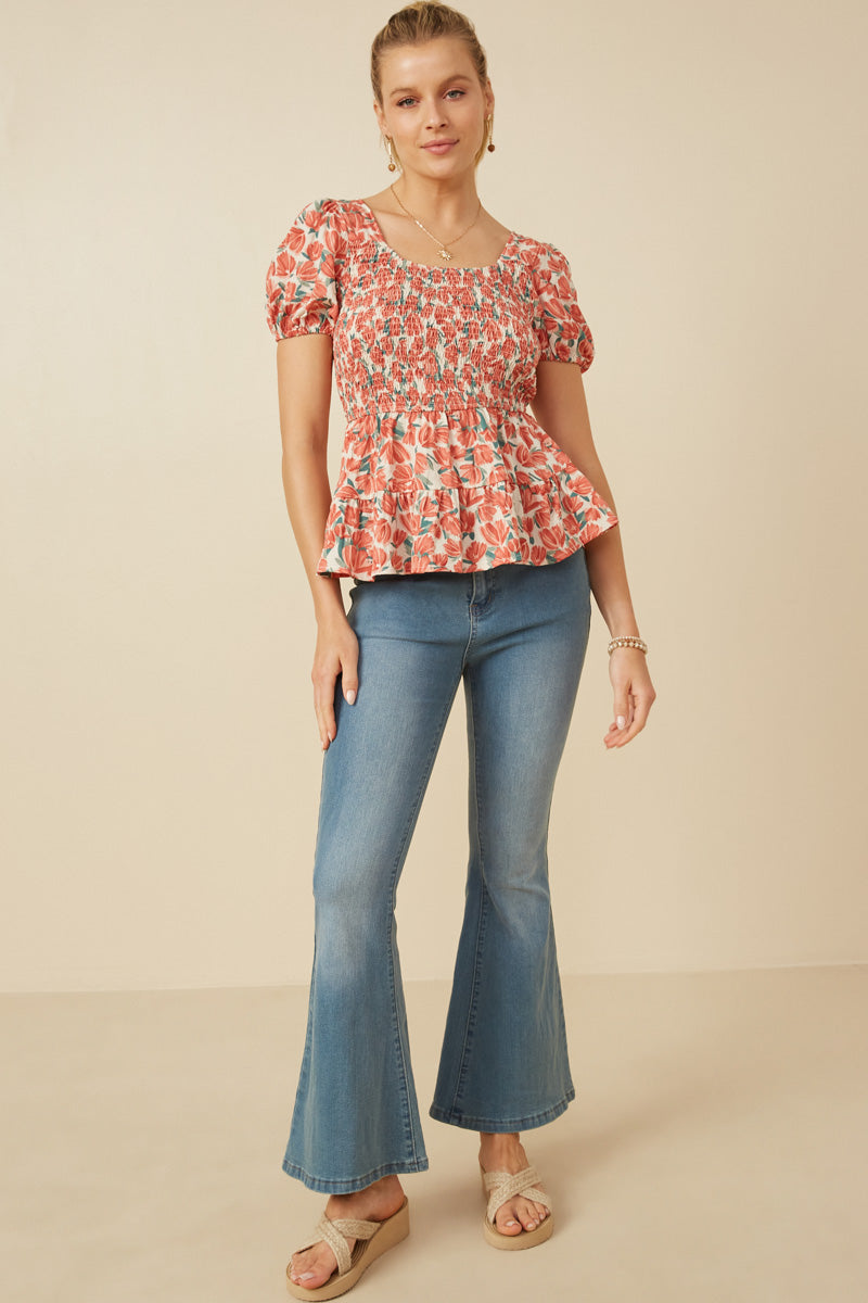 Womens Smocked Puff Sleeve Peplum Top