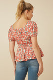 HY5662 Coral Womens Smocked Puff Sleeve Peplum Top Back