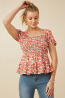 HY5662 Coral Womens Smocked Puff Sleeve Peplum Top Front 2