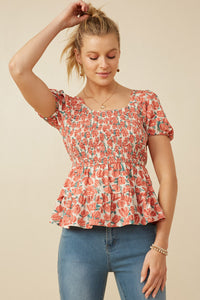 HY5662 Coral Womens Smocked Puff Sleeve Peplum Top Front 2