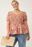 HY5662W Coral Plus Smocked Puff Sleeve Peplum Top Front
