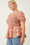 HY5662W Coral Plus Smocked Puff Sleeve Peplum Top Side