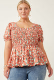 HY5662W Coral Plus Smocked Puff Sleeve Peplum Top Front 2