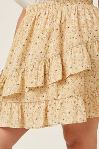 HY5664W Yellow Plus Floral Printed Asymmetric Ruffle Skirt Back