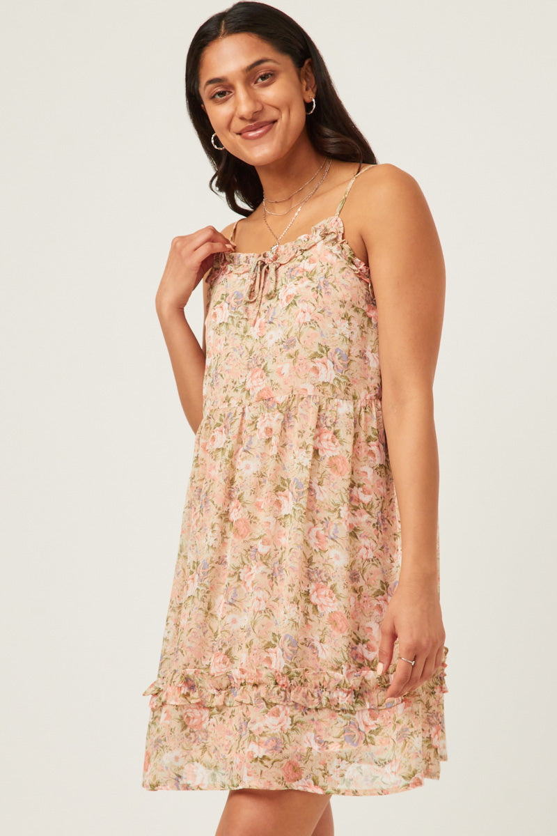 HY5850 PINK Womens Romantic Floral Ruffled Tie Detail Sleeveless Tank Dress Side