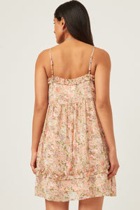 HY5850 PINK Womens Romantic Floral Ruffled Tie Detail Sleeveless Tank Dress Back