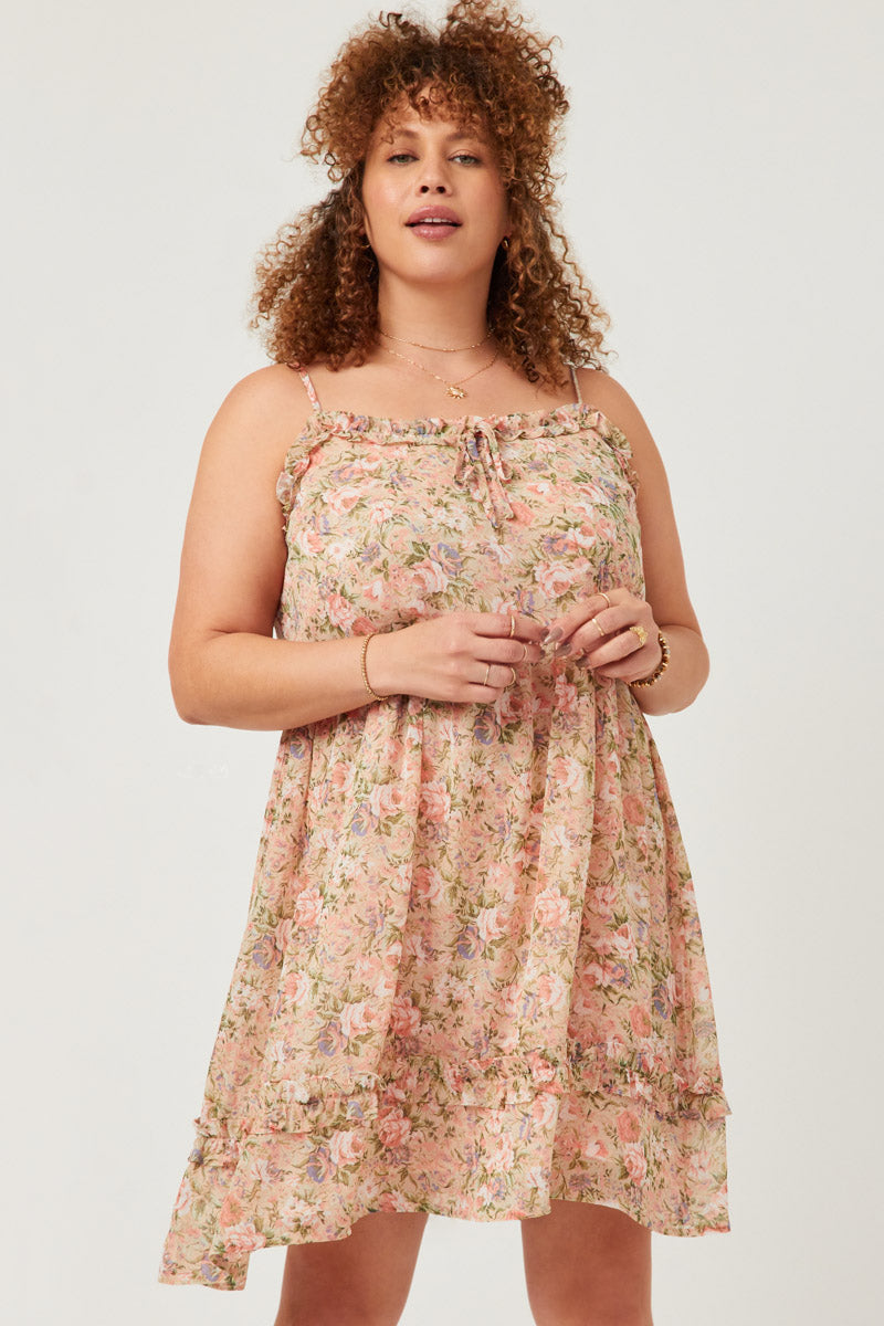 HY5850W PINK Plus Romantic Floral Ruffled Tie Detail Sleeveless Tank Dress Front