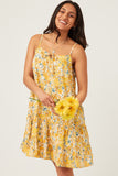 HY5895 Yellow Womens Tie Front Tiered Floral Mini Tank Dress Pose