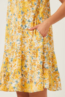 HY5895 Yellow Womens Tie Front Tiered Floral Mini Tank Dress Detail