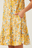HY5895 Yellow Womens Tie Front Tiered Floral Mini Tank Dress Detail