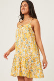 HY5895 Yellow Womens Tie Front Tiered Floral Mini Tank Dress Side