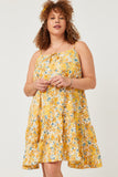 HY5895W Yellow Plus Tie Front Tiered Floral Mini Tank Dress Front