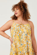 HY5895W Yellow Plus Tie Front Tiered Floral Mini Tank Dress Front 2
