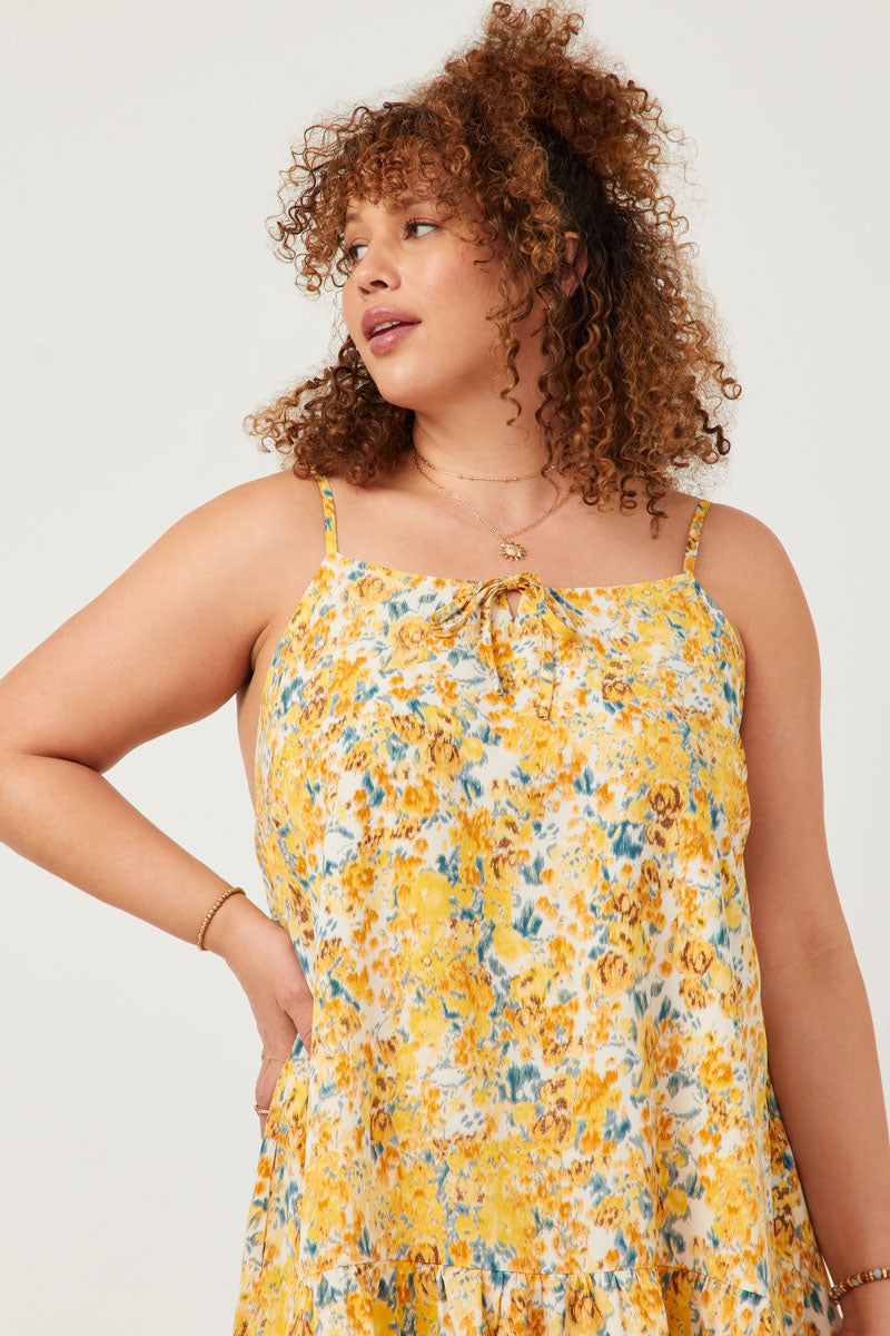 HY5895W Yellow Plus Tie Front Tiered Floral Mini Tank Dress Front 2