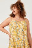 HY5895W Yellow Plus Tie Front Tiered Floral Mini Tank Dress Front 2