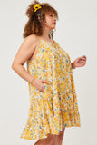 HY5895W Yellow Plus Tie Front Tiered Floral Mini Tank Dress Side
